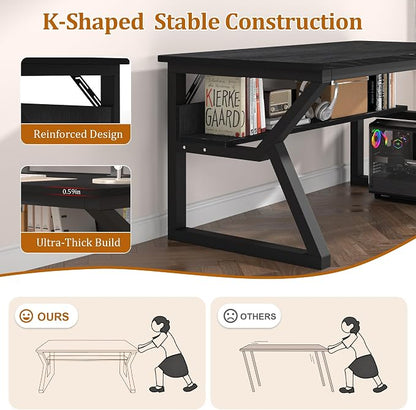 47 inch Computer Desk with Storage Shelf, K-Shaped Office Desk with Sturdy Metal Frame, Writing Gaming Work Desk with Waterproof Surface for Home Office & Bedroom, Black