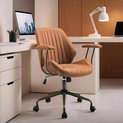 HOOOWOOO Faux Suede Leather Home Office Desk Chair,MCM Modern Ergonomic Task Work Chair,Computer Gaming Chair with Cushion Seat Mid Back for Long Hours(Brown)