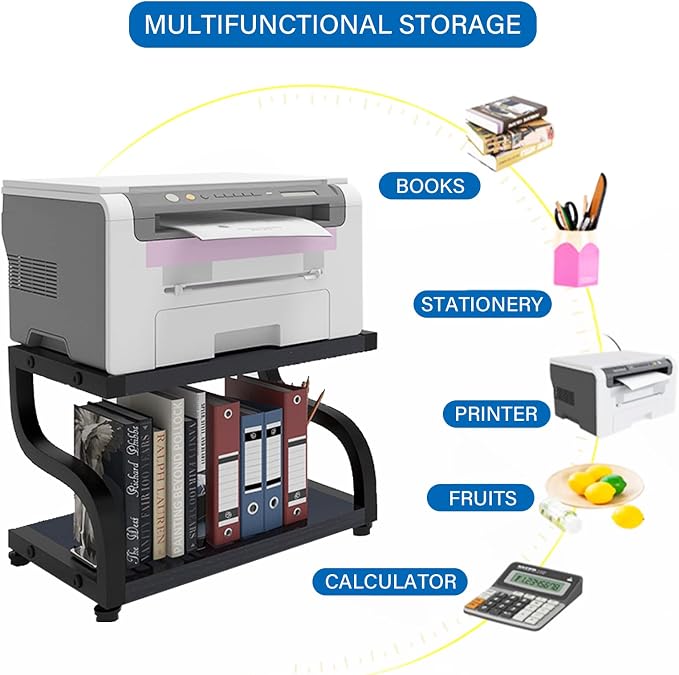 PUNCIA 2 Tier Wood Printer Stand with Storage Heavy Duty Desktop Shelf | Black Modern Minimalist Style Fits Laser Printers Copiers Fax Machines, Organizer for Home Office Dorm Small Spaces