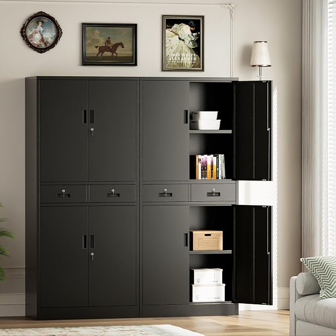 Metal Storage Cabinet, 71" H Garage Cabinet with 2 Locking Drawers and 2 Adjustable Shelves, Black Tool Cabinet, Tall Storage Cabinet for Home, Office, Gym, School