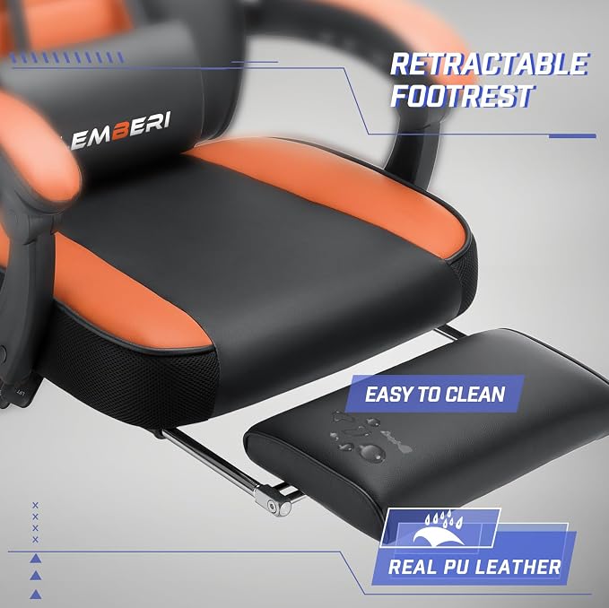 LEMBERI Big and Tall Gaming Chair 400lb Capacity, Heavy-Duty Office Chair with Reinforced Footrest, Wide Seat High Back PC Desk Chair with Linkage Armrests, Thickened Steel Frame, PU Leather, Orange