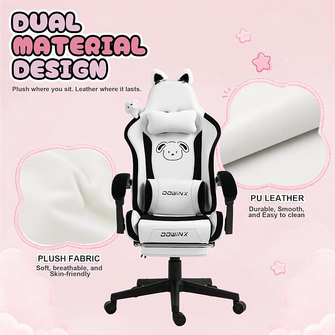 Dowinx Gaming Chair with Cat Ears and Massage Lumbar Support, Ergonomic Computer Chair with Footrest and Headrest, Comfortable Reclining Game Chair 290lbs for Adults, Black White