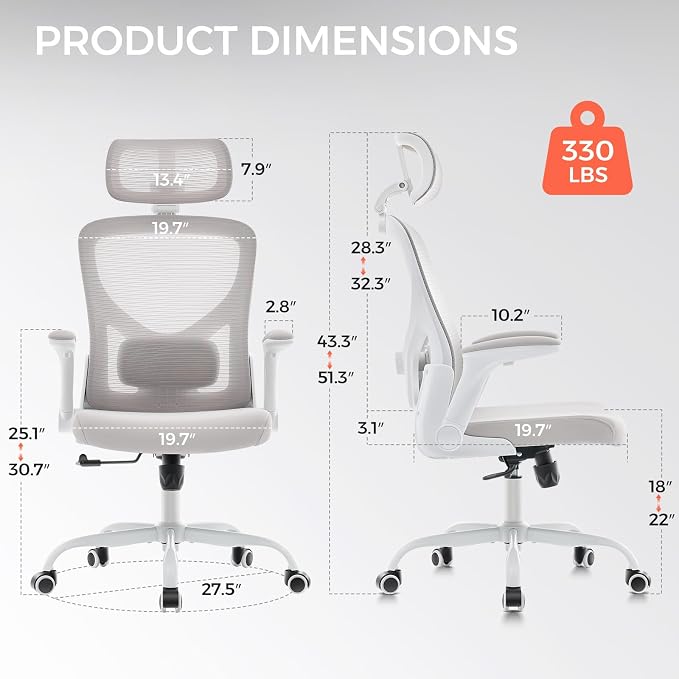 Office Chair,Ergonomic Office Desk Chair with 2D Adjustable Lumbar Support,3D Headrest,2D Arms,330LBS High Back Mesh Computer Home Office Chairs Rolling Tilting Swivel Executive Chairs Grey