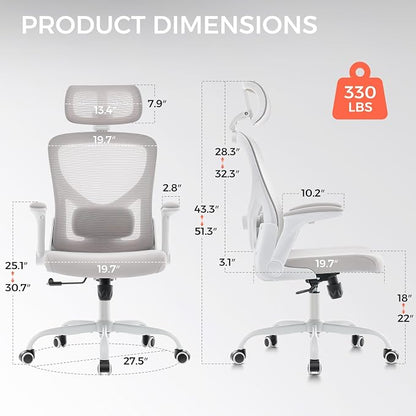 Office Chair,Ergonomic Office Desk Chair with 2D Adjustable Lumbar Support,3D Headrest,2D Arms,330LBS High Back Mesh Computer Home Office Chairs Rolling Tilting Swivel Executive Chairs Grey
