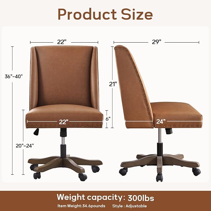 Zihanhome Armless Office Chair with Wooden Legs, Modern Adjustable Home Office Chair Computer Chair Swivel Chair for Home Office Study Studio (PU Brown)