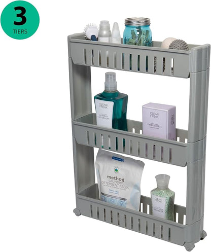 Simplify 3 Tier Slim Slide Out Storage Cart | Multi-Purpose Organization | Rolling | Wheels | Small Space | Laundry Room | Kitchen | Bathroom | Office | Grey
