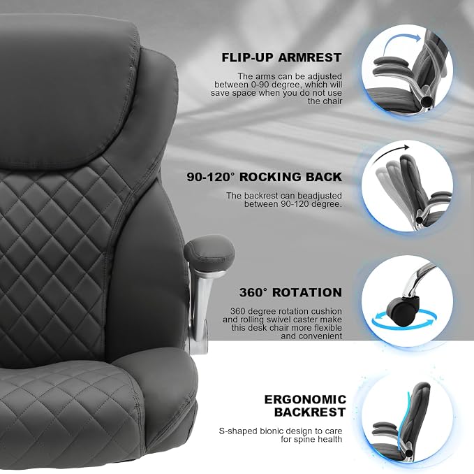 Leather Executive Office Chair, Big and Tall High Back Ergonomic Desk Chairs with Wheels, 90-120° Rocking Managerial Home Computer Chairs with Flip up Arms and Lumbar Support, Grey