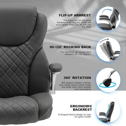 Leather Executive Office Chair, Big and Tall High Back Ergonomic Desk Chairs with Wheels, 90-120° Rocking Managerial Home Computer Chairs with Flip up Arms and Lumbar Support, Grey