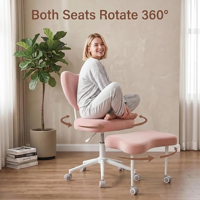 Cross Legged Office Chair with Wheels, 360 Swivel Height-Adjustable Meditation Chair with Lumbar Support, Pink