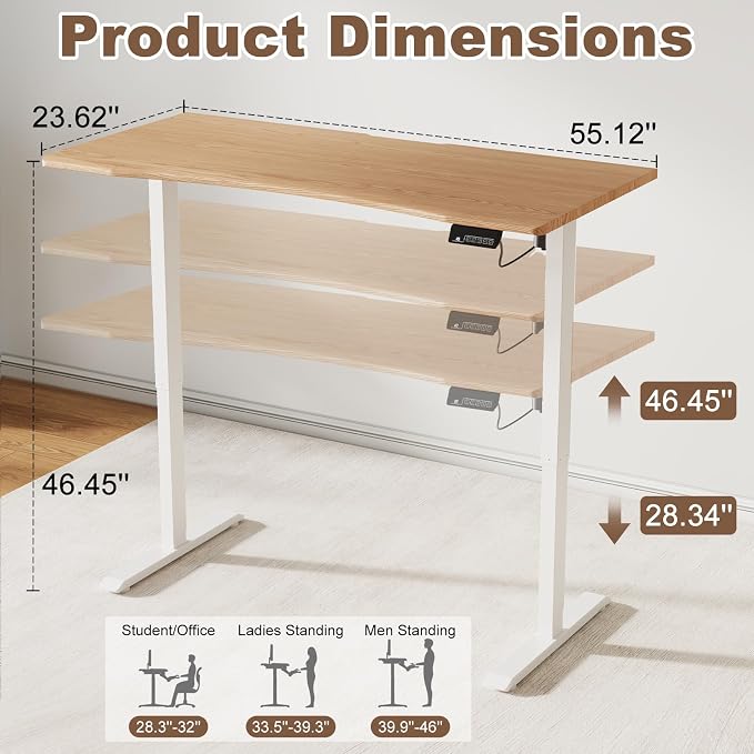 Solid Wood Electric Standing Desk 55"x23.6"Home Office Desk,Adjustable Workbench with 3 Stages Single Motor, Computer Workstation with T-Shaped Metal Bracket,Natural Standing Desk for Gaming(1 Box)
