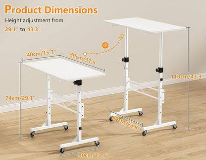 HOMIDEC Standing Desk, 32 Inch Portable Small Desk Adjustable Height, Rolling Home Office Desks with Wheels, Sit Stand Desk for Bedroom Walking Pad Home Office Small Space, White
