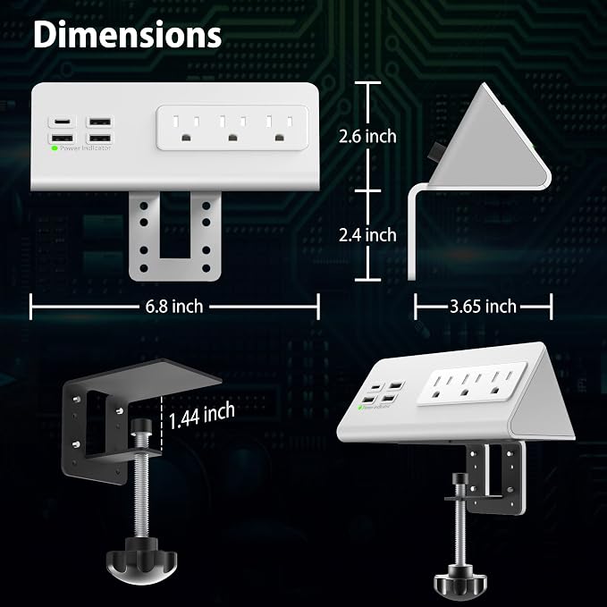 Nightstand Edge Mount Power Strip with USB-C Ports Tabletop Surge Protector Desk Clamp Power Sockets with 3 AC Outlets &4 Fast Charging USB Ports for Home Office Hotel and Dormitory (White(2-Pack))