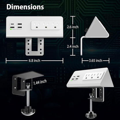 Nightstand Edge Mount Power Strip with USB-C Ports Tabletop Surge Protector Desk Clamp Power Sockets with 3 AC Outlets &4 Fast Charging USB Ports for Home Office Hotel and Dormitory