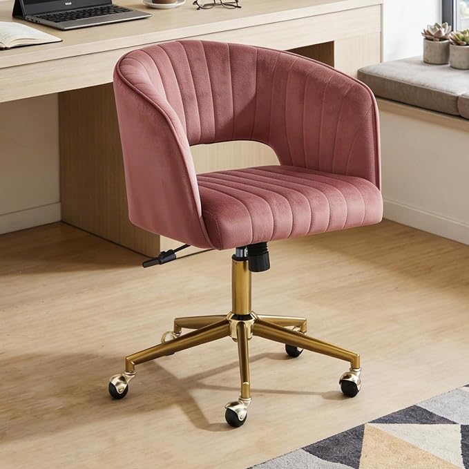 Vanity Chair with Back 360 Swivel Armchair and Gold Base, Criss Cross Chair with Wheels for Vanity Home Office, Living Room, Bedroom and Study (Pink)