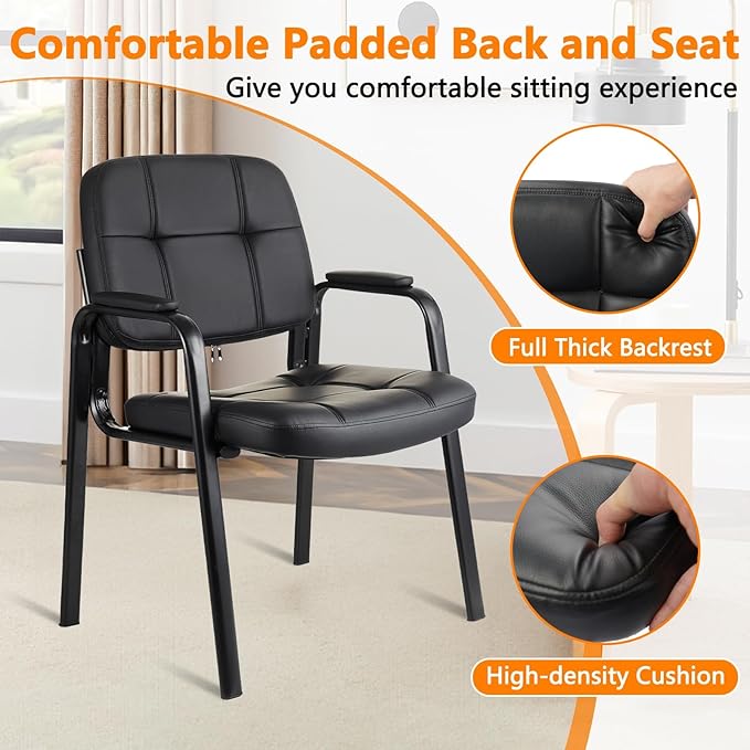 CLLATINA Waiting Room Chairs with Padded Arms Leather Guest Chair no Wheels for Office Reception and Conference Desk Black