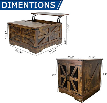 Farmhouse Coffee Table and End Table Sets of 2, 2 Piece Living Room Tables Set with Charging Station, Lift Top Coffees and Large Side, Wood Furniture Sets with Storage, Brown