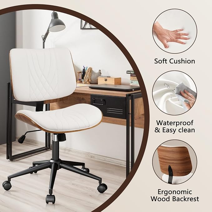 CLATINA Armless Home Office Chair, Desk Chair with Wheels, Adjustable Height Reading Chair, Leather Mid Back & Swivel Computer Chair, Modern Walnut Chairs with Back for Studio Meeting Room(White)