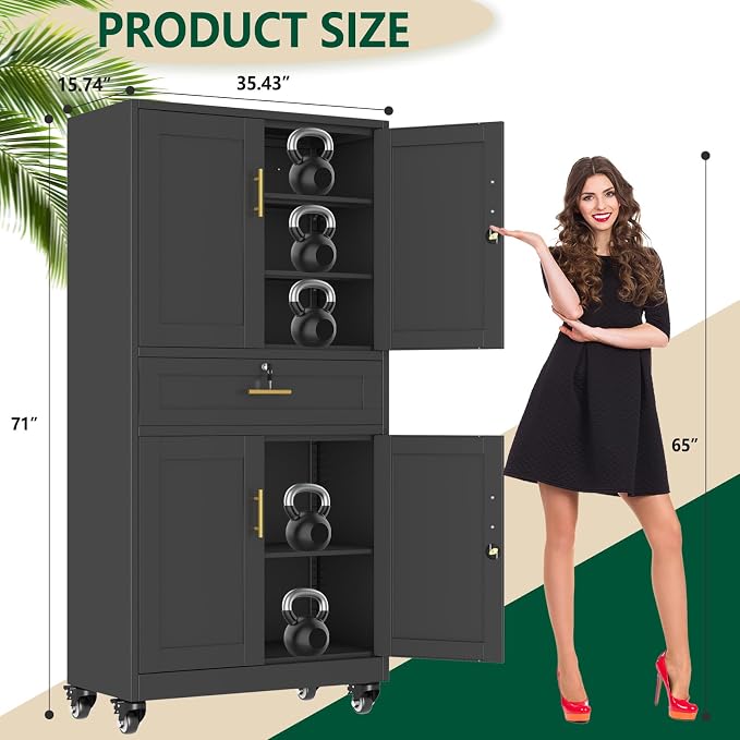 winiowa 71" Tall Metal Garage Storage Cabinet with Wheels and Locking Doors, Locking Rolling Tool Cabinet with Drawer and 3 Adjustable Shelves for Garage,Home,Office-Black