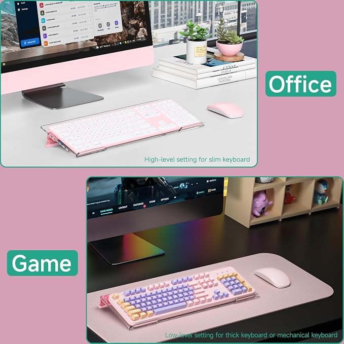 Ergonomic Computer Keyboard Stand - Adjustable Keyboard Riser Tilt Clear and Glitter Purple Acrylic Keyboard Tray Non-Slip Elevated Typing Key Board Holder Lift for Home Office Desk Accessories