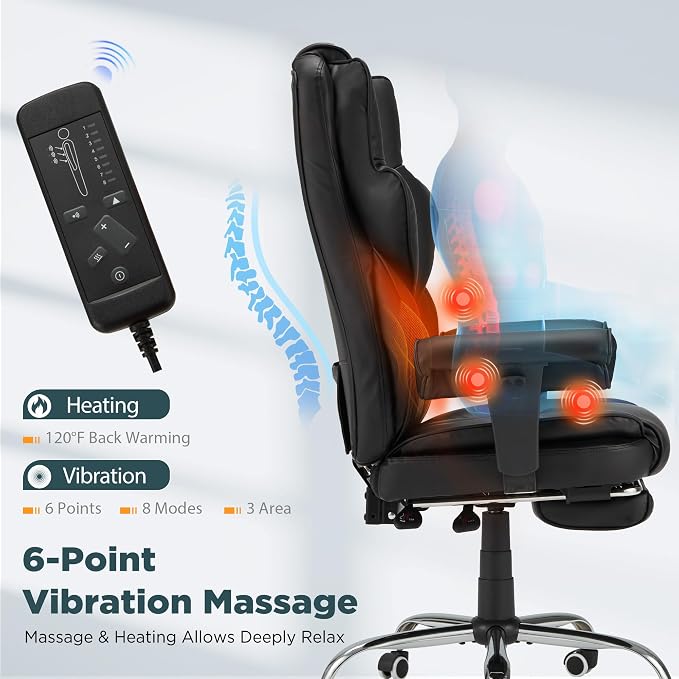 HOMREST Ergonomic Executive Chair with 6-Point Vibration & Heat, Reclining PU Leather Big & Tall Desk Chair, Retractable Footrest & Adjustable Armrest for Home Office Gaming Study, Black