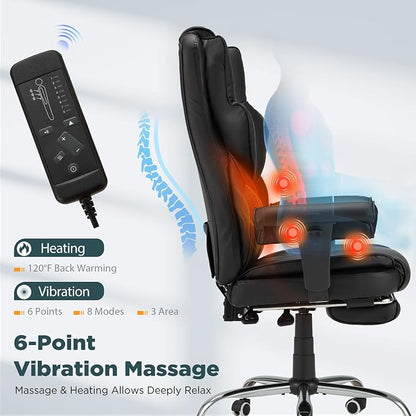 HOMREST Ergonomic Executive Chair with 6-Point Vibration & Heat, Reclining PU Leather Big & Tall Desk Chair, Retractable Footrest & Adjustable Armrest for Home Office Gaming Study, Black