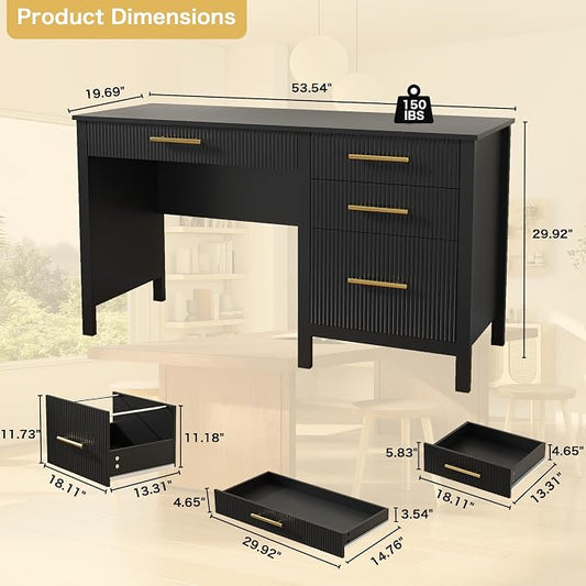 Modern Executive Desk with Drawers: 54 Inch Black Home Office Desks with File Drawer, Wood Fluted Desk with Storage, Writing Computer Desks with 4 Drawers