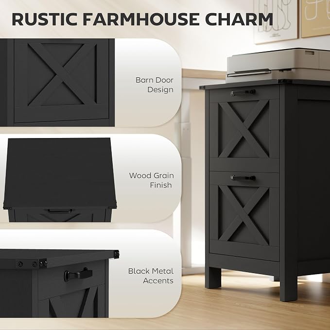 HOMCOM 2 Drawer Vertical File Cabinet with Silent Slides, Rustic Farmhouse Filing Cabinet with Barn Doors for A4/Letter Size, Printer Stand with Storage for Home Office, Distressed Black