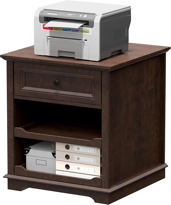 REDAYFUR Lateral File Cabinet 3 Drawer File Cabinet with Charging Station, Wood Lateral Filing Cabinet, Printer Stand with Open Adjustable Storage Shelves for Home Office, Cherry