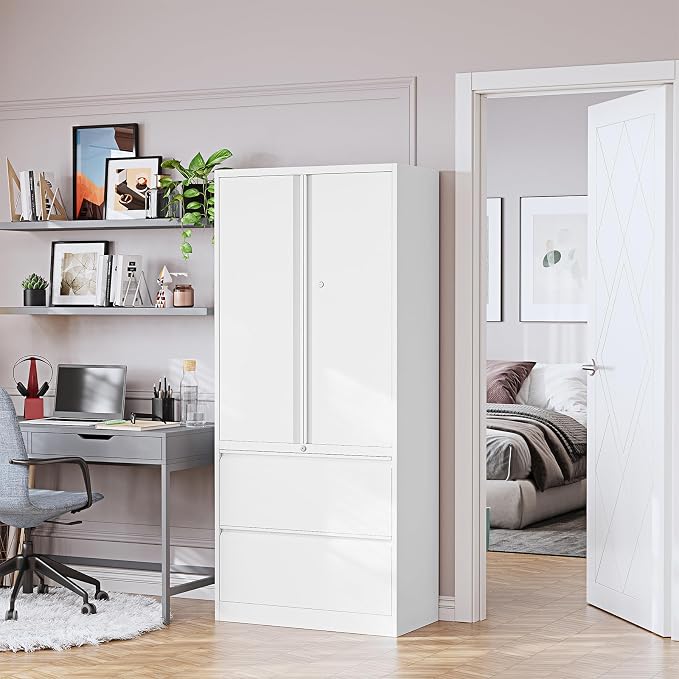PEUKC 2-Drawer Metal File Cabinet, Lateral Vertical Filing Cabinets for Home Office, Locking File Cabinet with Storage Shelves, Legal/Letter/A4 Size (White, Assemble Required)