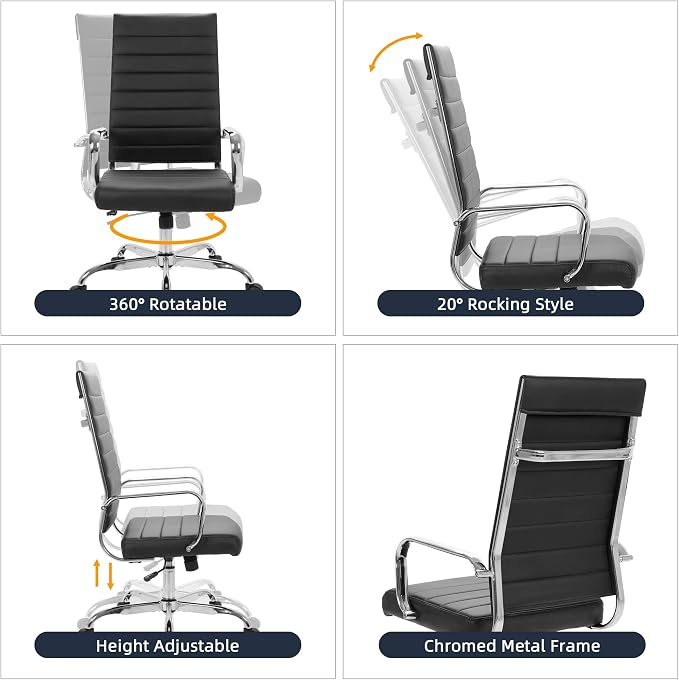 LANDSUN Home Office Chair Ribbed Leather High Back Executive Swivel Computer Desk Chairs with Wheels and Armrests Soft Padded Adjustable Height Modern Conference Task Black