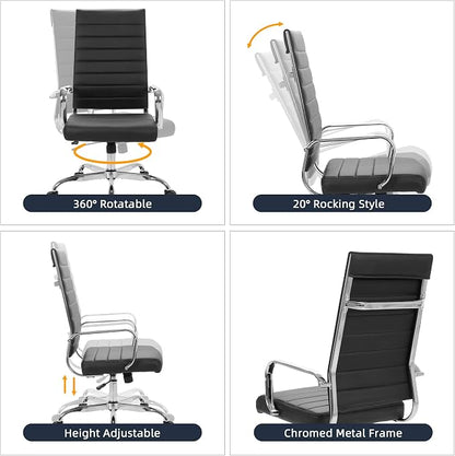 LANDSUN Home Office Chair Ribbed Leather High Back Executive Swivel Computer Desk Chairs with Wheels and Armrests Soft Padded Adjustable Height Modern Conference Task Black