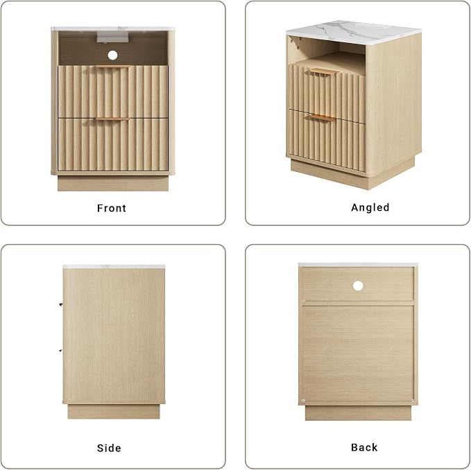 Fluted Nightstand, Modern Night Stand, Nightstand with Faux Marble Top and Charging Station, 2 Drawers End Table w/Storage, Bedside Table for Bedroom Living Room, Natural Oak