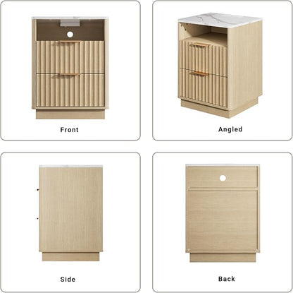 Fluted Nightstand, Modern Night Stand, Nightstand with Faux Marble Top and Charging Station, 2 Drawers End Table w/Storage, Bedside Table for Bedroom Living Room, Natural Oak