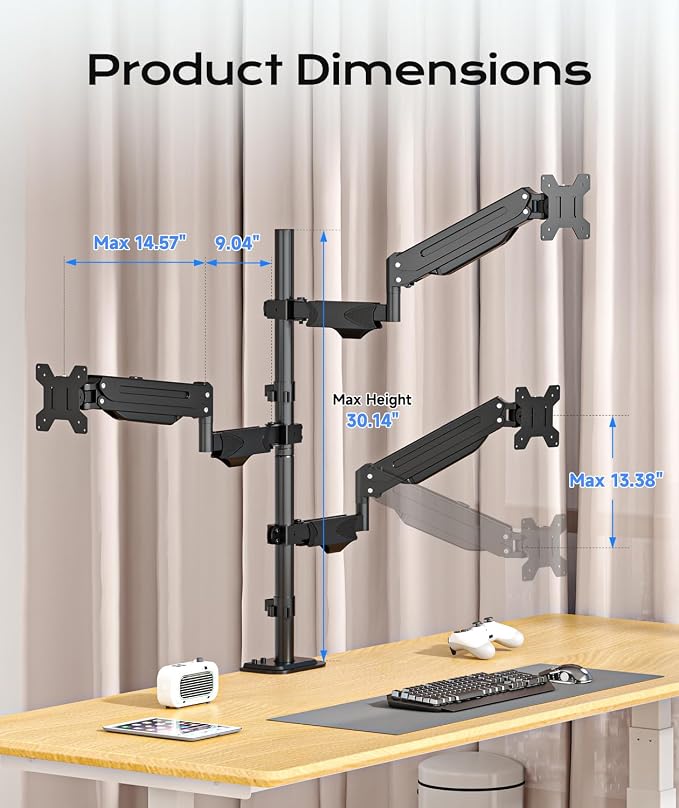 Pholiten Triple Monitor Mount, 3 Gas Spring Monitor Arms for Up to 32 inches Screens, Fully Adjustable Heavy Duty Triple Monitor Mount with Cable Management, Each Arm Holds 22 lbs