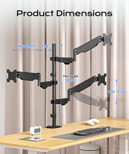 Pholiten Triple Monitor Mount, 3 Gas Spring Monitor Arms for Up to 32 inches Screens, Fully Adjustable Heavy Duty Triple Monitor Mount with Cable Management, Each Arm Holds 22 lbs