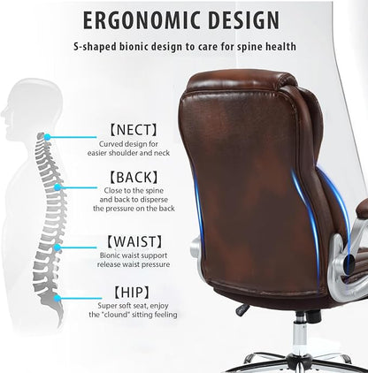 Leather Office Chair Brown with Flip up Arms, Big and Tall High Back Executive Office Desk Chairs with Wheels, Rocking Managerial Ergonomic Home Computer Chairs with Lumbar Support, Brown