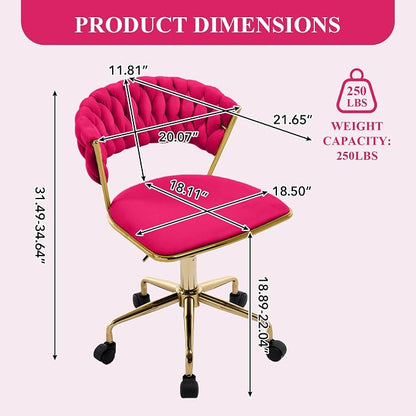 NIOIIKIT Home Office Chair, Velvet Upholstered Task Chair with Woven Open Back, 360° Swivel Desk Chair with Wheels, Adjustable Vanity Chair, Computer Chair for Office, Studio (Rose Red)