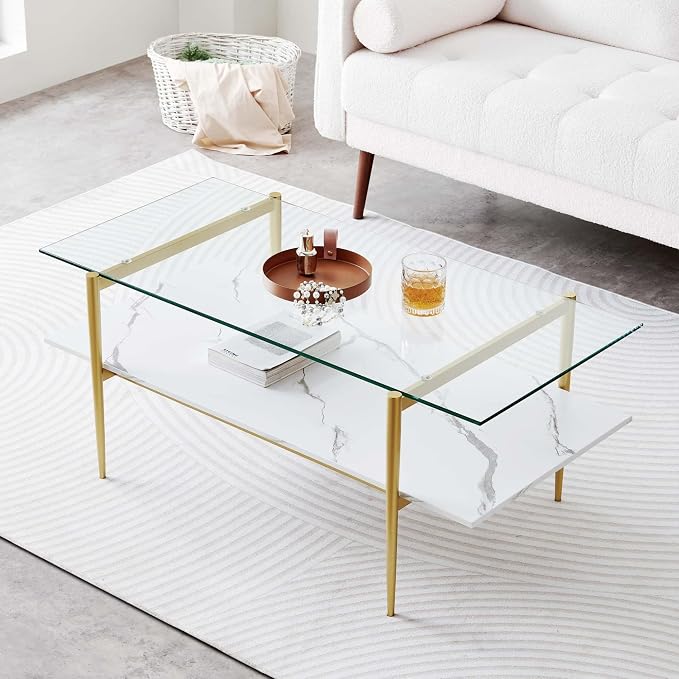 LumFurn Rectangle Coffee Table for Living Room, Mid-Century Modern Design, L41 x W21 x H17, 2-Tier Structure, Clear Glass Top and White Marble Finish Wood Shelf, Conical Legs with Gold Finish