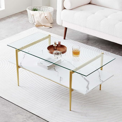 LumFurn Rectangle Coffee Table for Living Room, Mid-Century Modern Design, L41 x W21 x H17, 2-Tier Structure, Clear Glass Top and White Marble Finish Wood Shelf, Conical Legs with Gold Finish