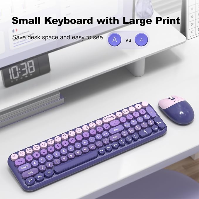 MOFII Wireless Keyboard and Mouse Combo, Compact Small Keyboard with Large Print, 2.4GHz Retro Typewriter Keyboard, Quiet Click Mouse for PC, Laptop, Desktop, Windows (Purple Gradient)