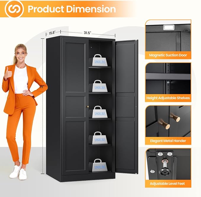 71" Tall Kitchen Pantry Storage Cabinet with 2 Doors and 5 Adjustable Shelve, Metal Black Food Pantry Cabinet, Kitchen Cabinet Storage Unit,6 Tier Freestanding Cupboard for Kitchen Dining/Living Room