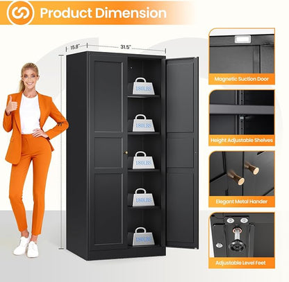 71" Tall Kitchen Pantry Storage Cabinet with 2 Doors and 5 Adjustable Shelve, Metal Black Food Pantry Cabinet, Kitchen Cabinet Storage Unit,6 Tier Freestanding Cupboard for Kitchen Dining/Living Room