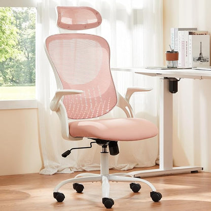 Ergonomic Office Chair, Comfy Desk Chair with Wheels, Adjustable Headrests, Flip-Up Armrests, Breathable Mesh High-Back, Comfortable Swivel Seating for Home Computer, Pink