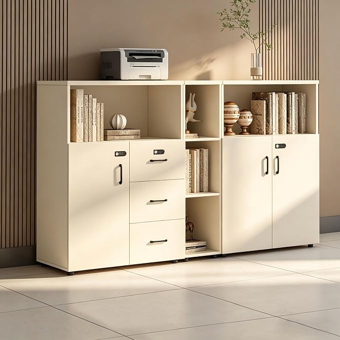 File Cabinet with Password Lock, Wood Lateral Filing Cabinet for Letter/A4 Files, 3 Drawer with Door, Printer Stand with Open Shelves for Home Office