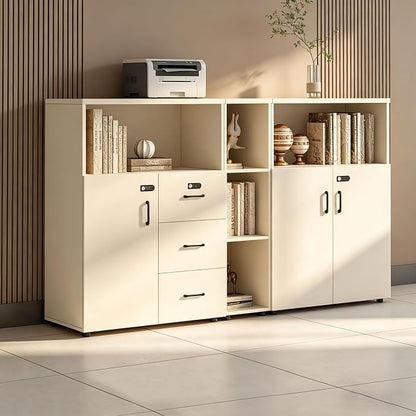 File Cabinet with Password Lock, Wood Lateral Filing Cabinet for Letter/A4 Files, 3 Drawer with Door, Printer Stand with Open Shelves for Home Office