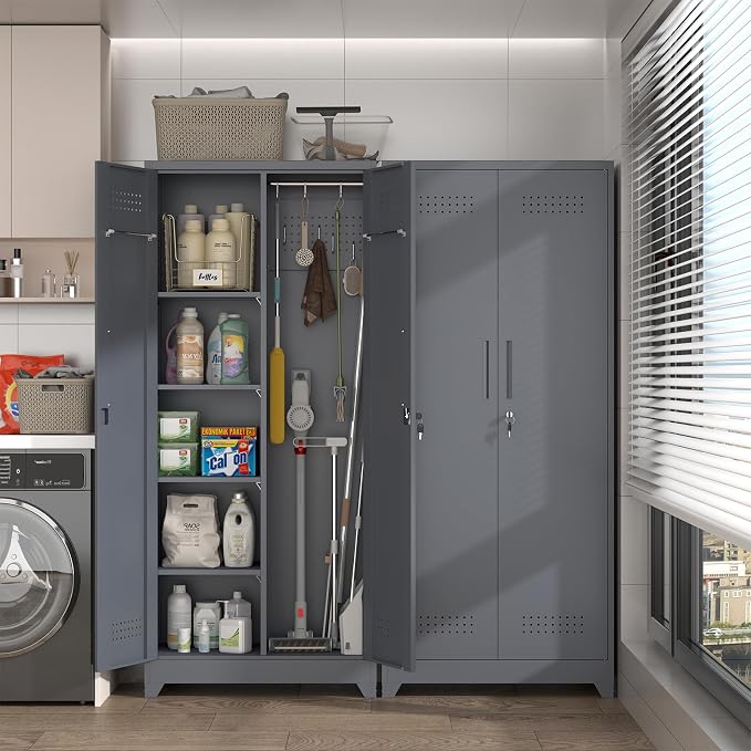 IRONFFICE Lockable Storage Cabinet,Metal Garage Storage Cabinets with Doors,Steel Utility Closet Cabinet with Adjustable Shelves,Locking Cabinet for Home,Garage,Gray