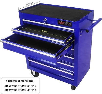 RYH 7 Drawers Rolling Tool Chest & Tool Box on Wheels | Heavy Duty Metal Cart with Ball Bearing Drawers | Fits US General Tool Box for Garage Storage (Blue, 7 Drawers（29.9" H × 24.2" W × 12.9" D)