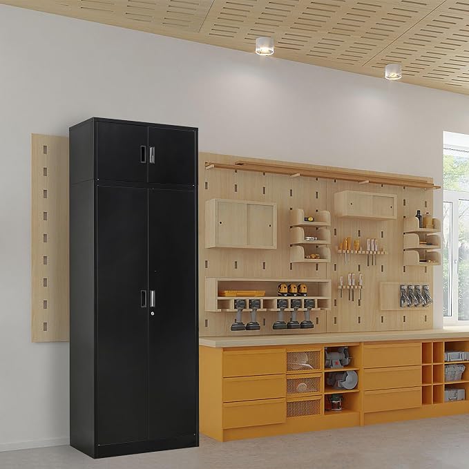 Metal Storage Cabinet, 87 Inch Tall Locking Cabinet with Top Cabinet, Heavy Duty Garage Cabinet with Doors and 4 Adjustable Shelves, Pantry Cabinets for Office, Garage, Home-Black