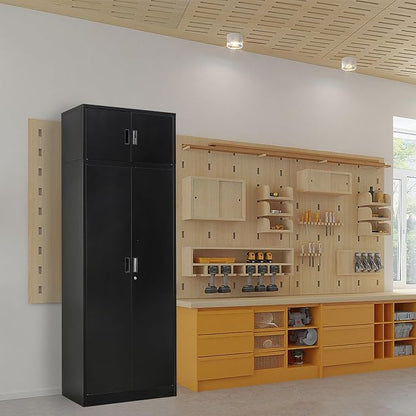Metal Storage Cabinet, 87 Inch Tall Locking Cabinet with Top Cabinet, Heavy Duty Garage Cabinet with Doors and 4 Adjustable Shelves, Pantry Cabinets for Office, Garage, Home-Black