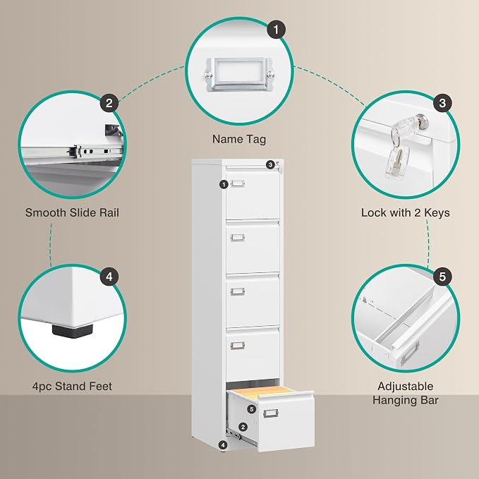 SISESOL 5 Drawer File Cabinet with Lock,White Narrow Vertical File Cabinet Five Drawer,Tall Office Filing Cabinets,Metal Filing Cabinets for Home Office,Fit A4,Legal,Letter Size,-Assembly Required